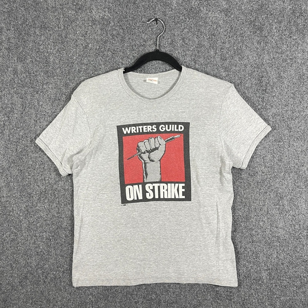 Vintage 90s Writers Guild On Strike Shirt Union Made Tshir Gray Size Large #3423